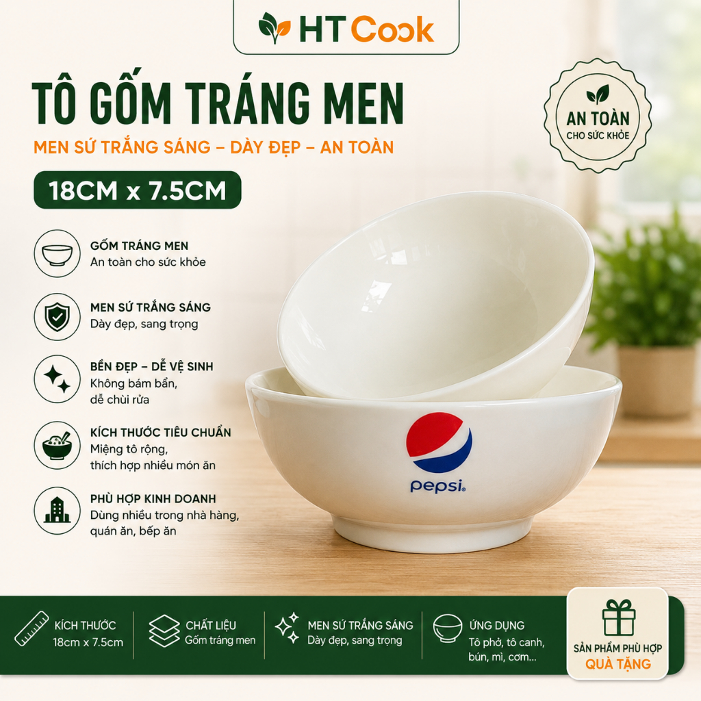 Bộ 2 Tô Sứ Loe 18cm Trắng Trơn / Trắng Hoạ Tiết Tráng Men Cao Cấp - Tô Đựng Canh, Phở