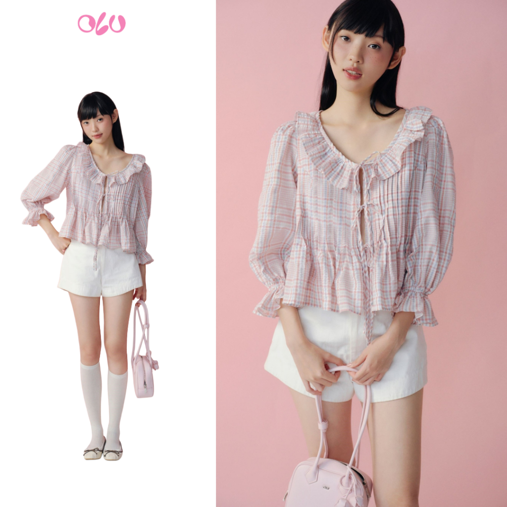 Áo babydoll OLV tay lửng phối bèo Cotton Ruffled Tie Front Shirt dễ thương phù hợp đi chơi