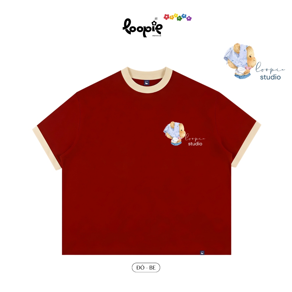 Áo Boxy Phối Tay LOOPIE CLUB BST119 Mẫu Gấu Con -Áo Phông Ringer Cotton 2 Chiều Aesthetic