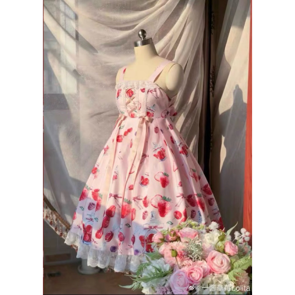 Váy đầm JSK Lolita chính hãng brand One Strawberry váy dâu màu hồng đỏ
