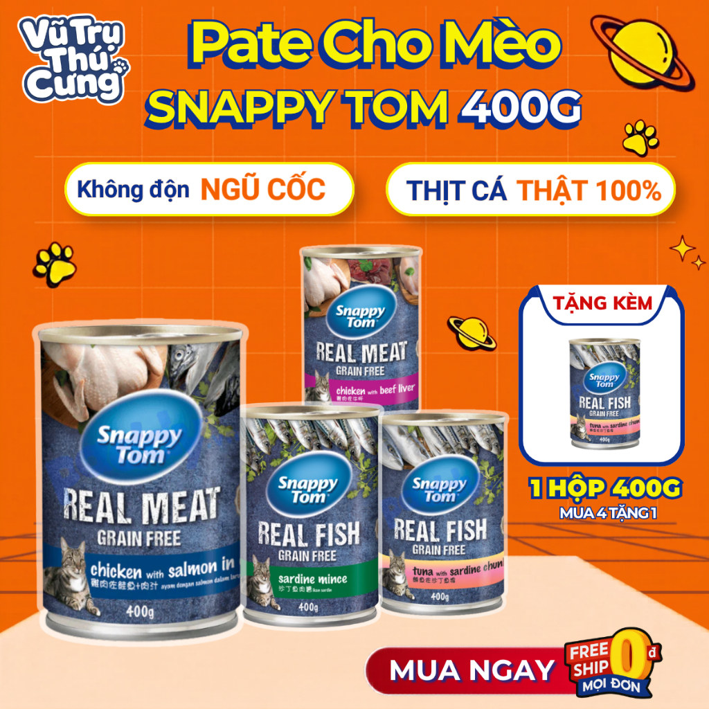 (Combo 4 Tặng 1) Pate Lon Cho Mèo Snappy Tom 400g Đa Dạng Hương Vị