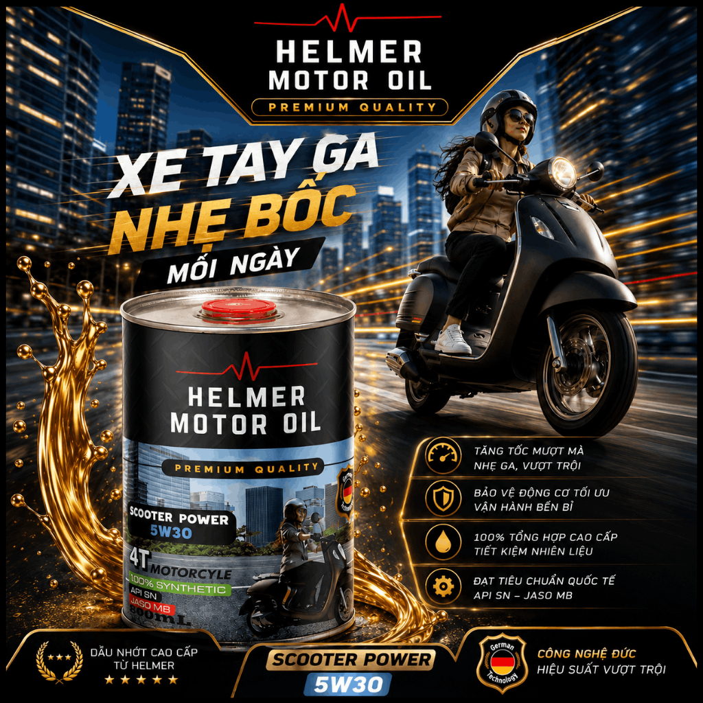 Dầu Nhớt Xe Tay Ga Helmer Motor Oil Scooter Power 5W30 - 100% Tổng hợp - 800ML