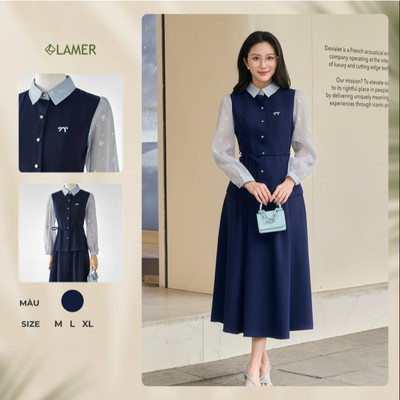 Áo Kiểu Nữ Sơ Mi Công Sở LAMER FASHION Phối Tay Voan Nơ Eo, Chân Váy Công Sở Chun Sau L61H26Q004 L62L26Q003
