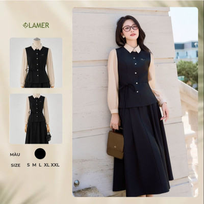 Áo Kiểu Nữ Sơ Mi Công Sở LAMER FASHION Nơ Eo Phối Tay Phối Chân Váy Xoè Ly Bung Chun Sau O61H25Q019 O62L25Q012