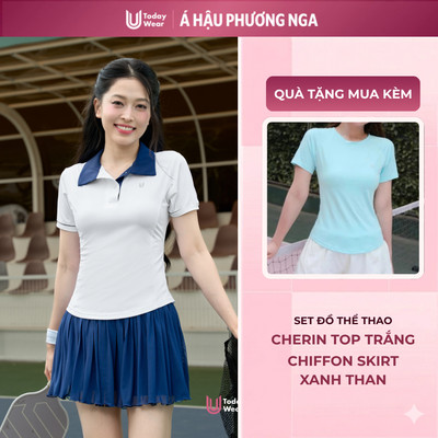 [BST Radiant Summer] Bộ Thể Thao Nữ Pickleball Tennis Áo Cherin Trắng Viền Xanh Váy Chifon Xanh Than Today U Wear