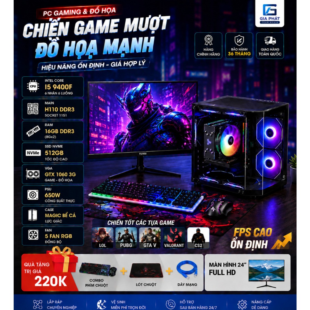 🔥 Full Bộ PC GAMING I5 9400F + GTX 1060 3GB – CHIẾN GAME MƯỢT, LED RGB SIÊU ĐẸP 🔥