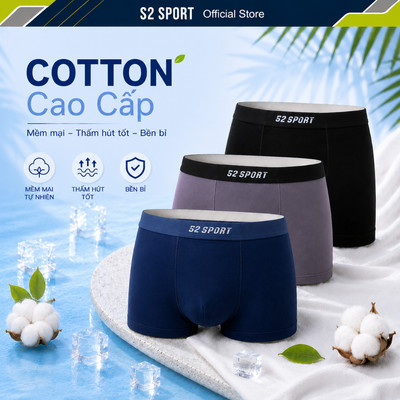 COMBO 3 Quần boxer S2 SPORT sịp đùi nam cotton cao cấp mềm mịn khử khuẩn, thấm hút tốt - SBX09.CB3