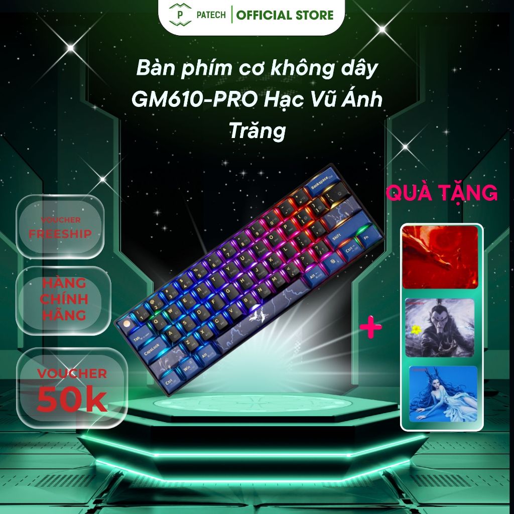 Bàn phím cơ không dây GM610-PRO Hạc Vũ Ánh Trăng-Dual mode:Wireless & Wired-(BT5.0/3.0,2.4Ghz,Type-C