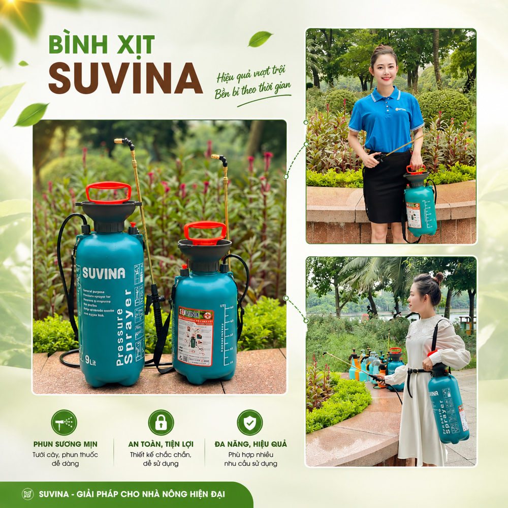 Bình Xịt Đeo Vai SUVINA 6L 9L Vòi Đồng Kéo Dài Bơm Tăng Áp Bình Phun Tưới Cây Có Dây Đeo, Có BH