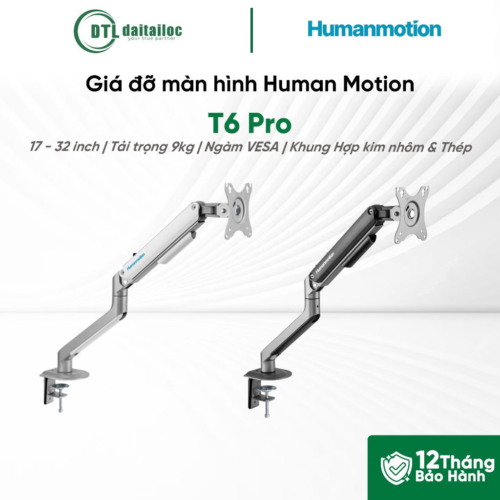 ARM - Giá đỡ màn hình Human Motion T6 Pro TRẮNG-ĐEN | Chính hãng | Bảo hành 12 tháng