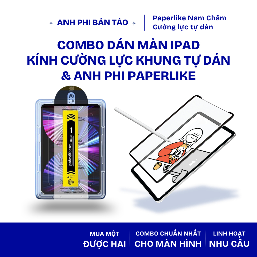 [Combo Tiên Lợi] Dán Màn iPad Kính Cường Lực Khung Tự Dán + Paperlike Nam Châm Anh Phi