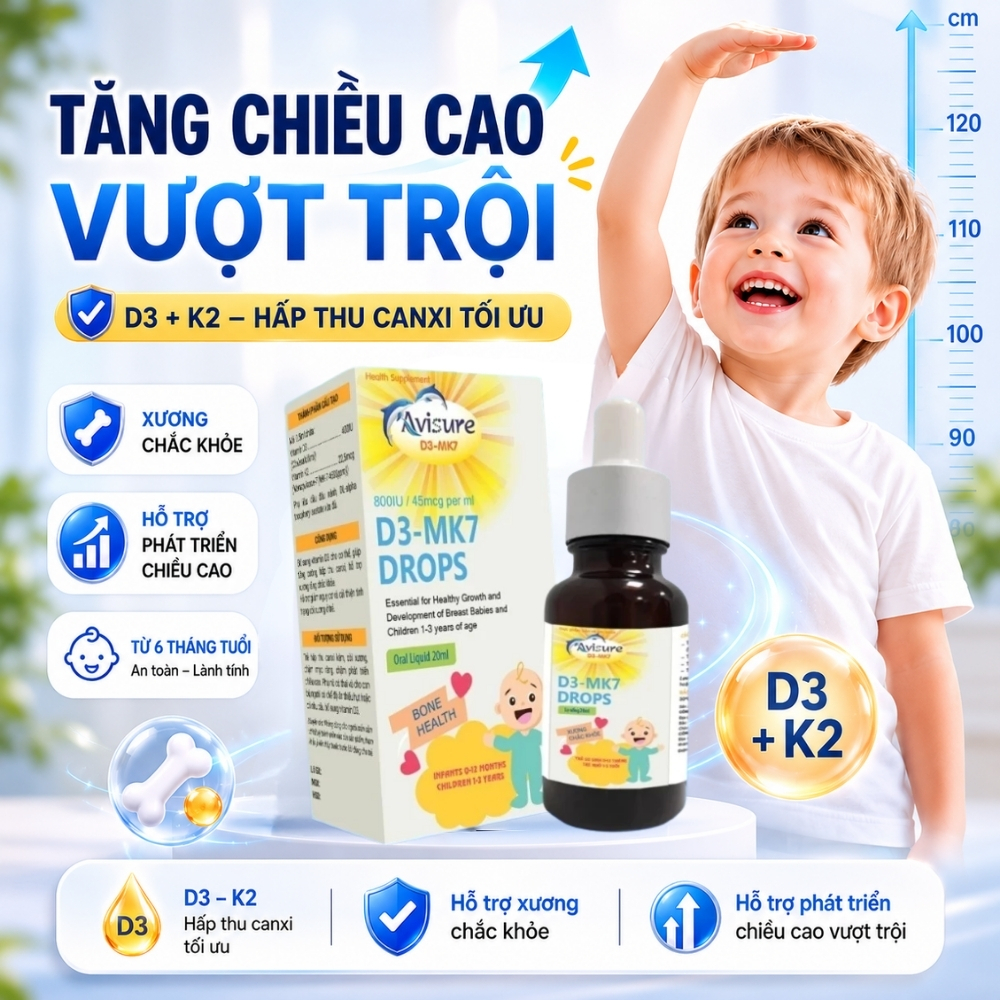 Vitamin D3 K2 Tinh Khiết Italia Avisure D3MK7 Hấp Thụ Canxi Tăng Chiều Cao Hiệu Quả Cho Bé