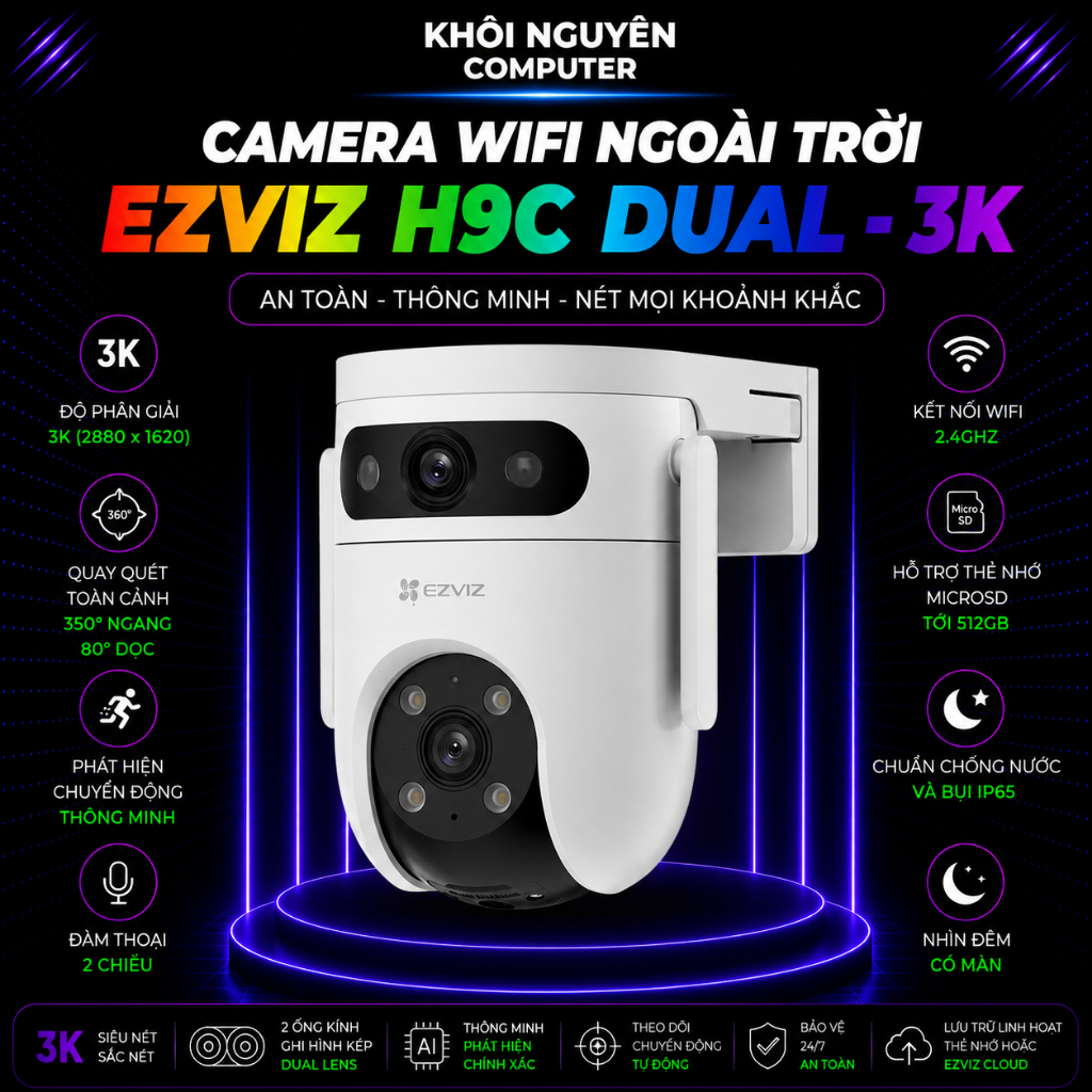 Camera Wifi Ngoài Trời EZVIZ H9C Dual 3K Quay Quét 360° - Camera An Ninh 2 Ống Kính AI Theo Dõi