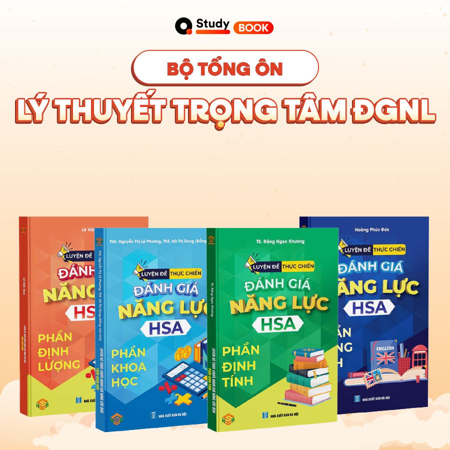 Sách Luyện đề thực chiến Đánh giá năng lực HSA phần khoa học, định tính, định lượng, tiếng Anh QANDA