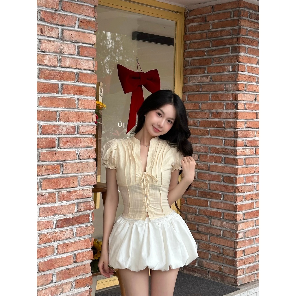 Áo Kiểu Nữ Dáng Croptop Chi Tiết Cổ Tàu Tay Bồng Cột Dây Nơ Mùa Hè Ki mee - KA832 | BigBuy360 - bigbuy360.vn