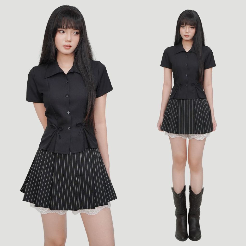 DALLA Sơ mi xếp ly đính nơ tay ngắn (SM17) Tiny Shirt HOT! | BigBuy360 - bigbuy360.vn