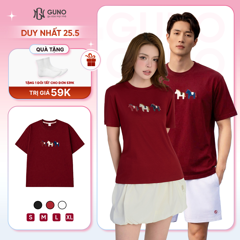 Áo Thun Nam Nữ Thêu Ngựa GUNO Cao Cấp Trơn Màu Cotton Co Dãn 4 Chiều Thoáng Mát SP5 26AG06/AB11 | BigBuy360 - bigbuy360.vn