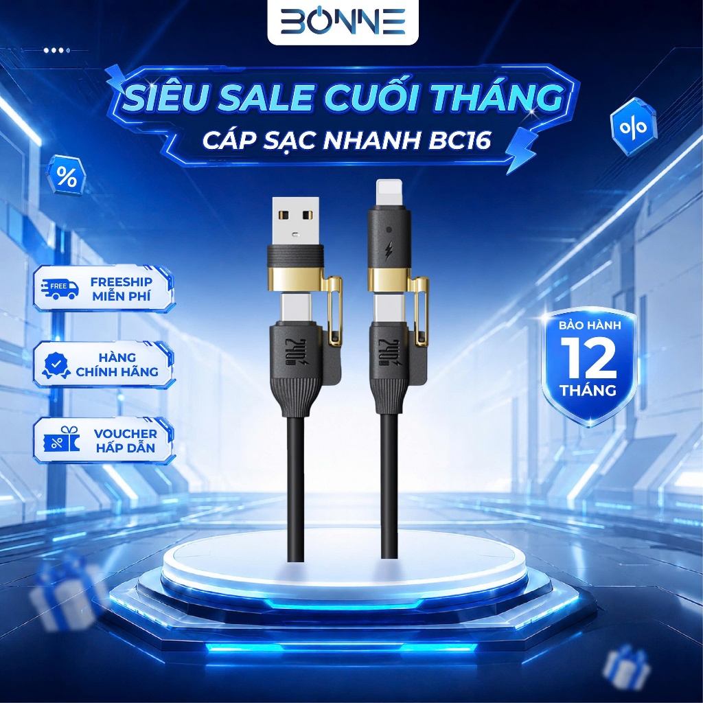 Dây Sạc Nhanh BC16 4in1 Công Suất 240W By Bonne TECHLONOGIQUE Chống Rối Sạc Điện Thoại & Máy Tính Bảo Hành 12 Tháng | BigBuy360 - bigbuy360.vn