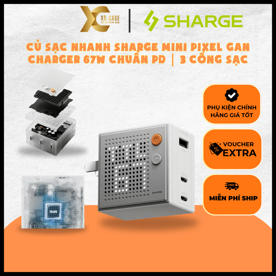 Củ Sạc Nhanh Sharge Mini Pixel GaN Charger 67W Chuẩn PD | 3 Cổng Sạc | Màn Hình Ma Trận Pixel Chính 