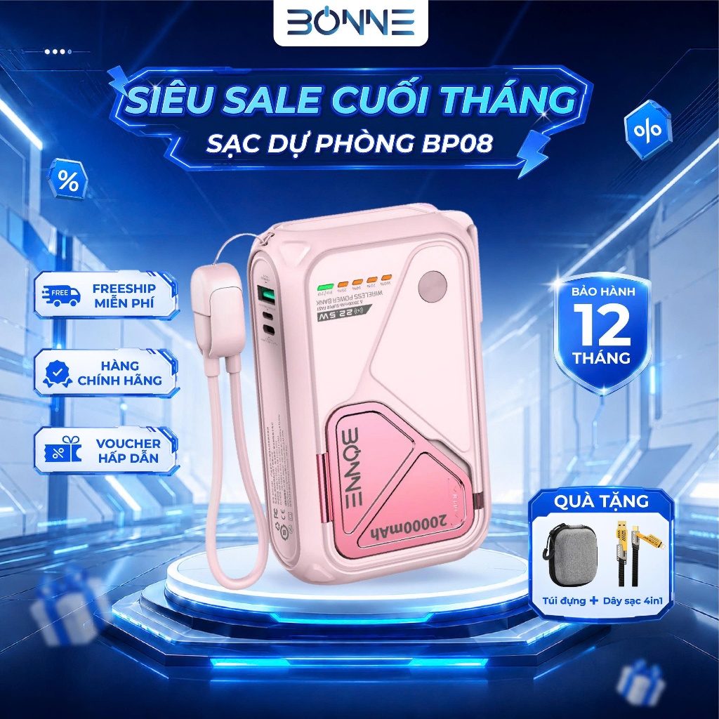 [HÀNG ĐẶT TRƯỚC] Củ Sạc Nhanh BP08 Chính Hãng BONNE TECH , Hỗ Trợ Sạc Không Dây,Củ Sạc có chứng nhận CCC