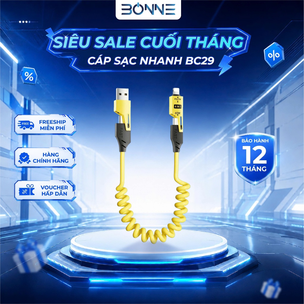 Cáp Sạc Lò Xo Đa Năng Bonne BC29 by BONNE TECHNOLOGIQUE, Cáp Sạc Nhanh 4 IN 1 Chống Rối, Sạc Nhanh 65W Bảo Hành 12 Tháng