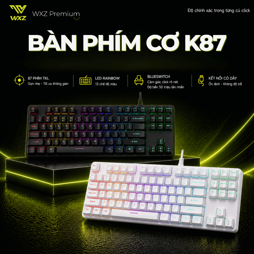 Bàn Phím Cơ K87 Pro TKL Led Rainbow – Blue Switch Clicky, 87 Phím Gọn Nhẹ, Keycap ABS Xuyên LED