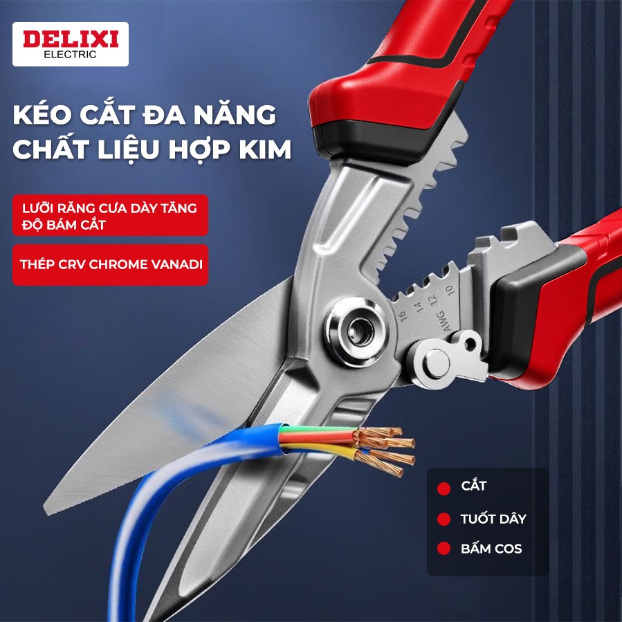 Kéo Cắt Tôn Đa Năng DELIXI CR-V, Kéo Cắt Dây Điện Cáp, Trợ Lực, Bấm Cos, Kéo Công Nghiệp Cao Cấp
