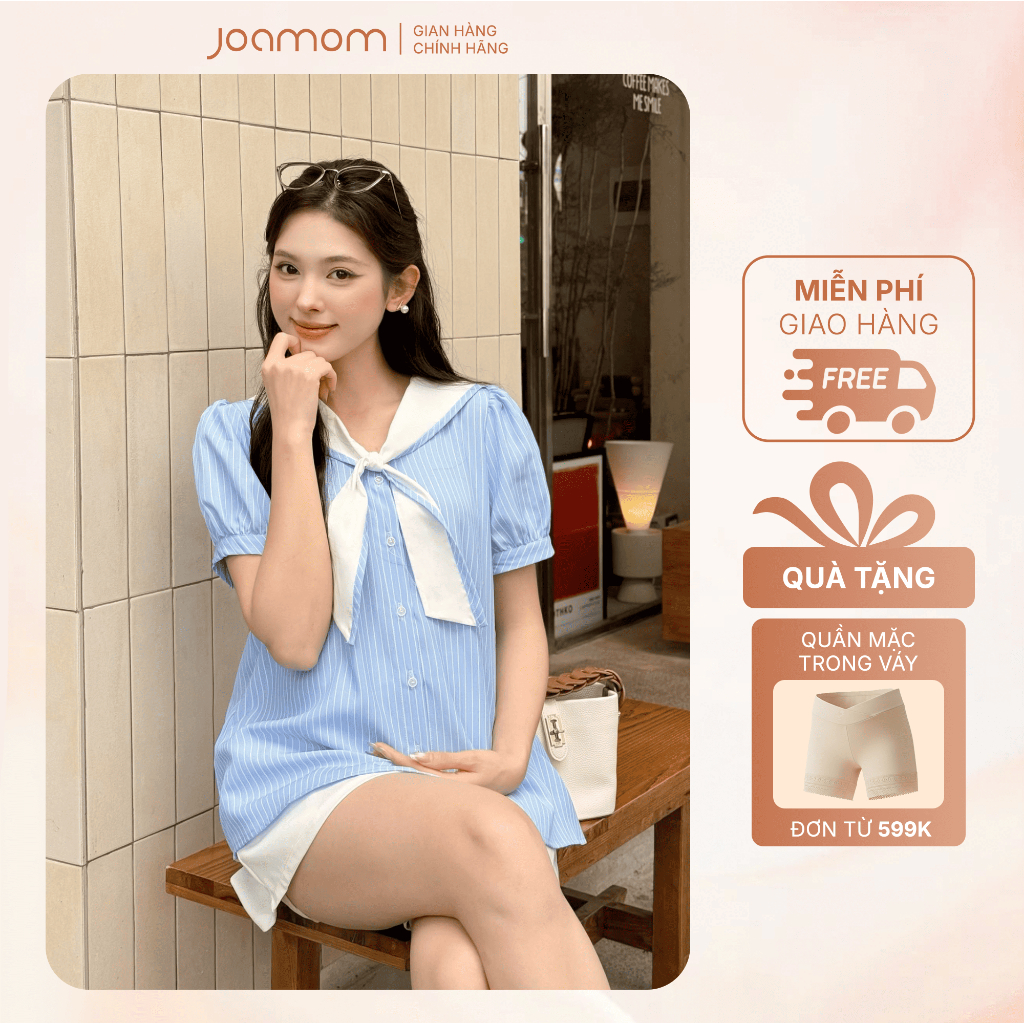 [NEW 2026] Áo Bầu Công Sở Joamom Katie Shirt Sơ Mi Cổ Thủ Thủy Phối Nơ Kẻ Sọc Xanh - JBAB052