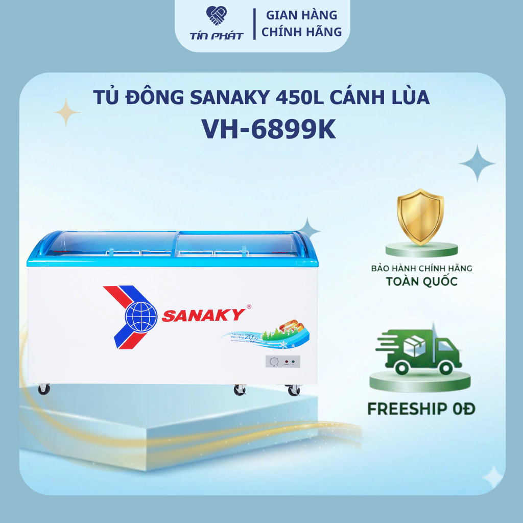 [ Miễn phí giao lắp HN ] Tủ Đông Sanaky mặt kính cánh lùa dàn đồng 450 lít VH 6899K - Chính hãng