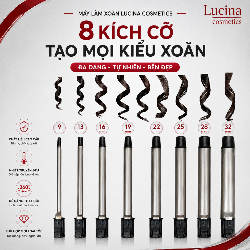 [ QUÀ TẶNG - KHĂN NÉN] Máy uốn tóc xoăn tự xoay trục 360 độ, máy làm tóc xoăn lọn to, nhỏ chuyên nghiệp LUCINA COSMETICS