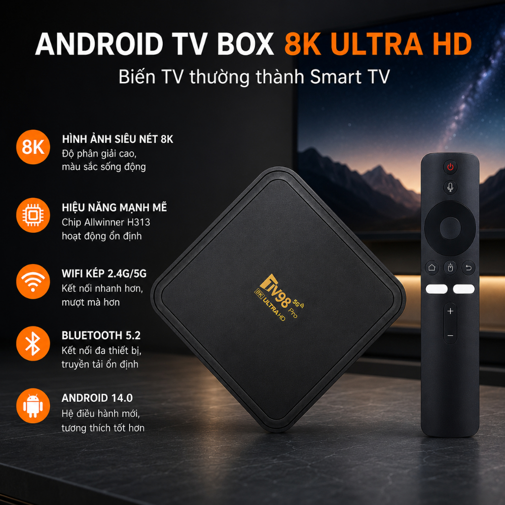 TV Box Android 14 TV98 Pro hỗ trợ 8K Wifi 2.4G/5G Bluetooth 5.2 biến TV thường thành Smart TV cực nh