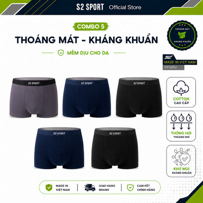 COMBO 5 Quần boxer nam S2 SPORT sịp đùi nam chất cotton mền mịn thấm hút mồ hôi khử khuẩn SBX09.CB5