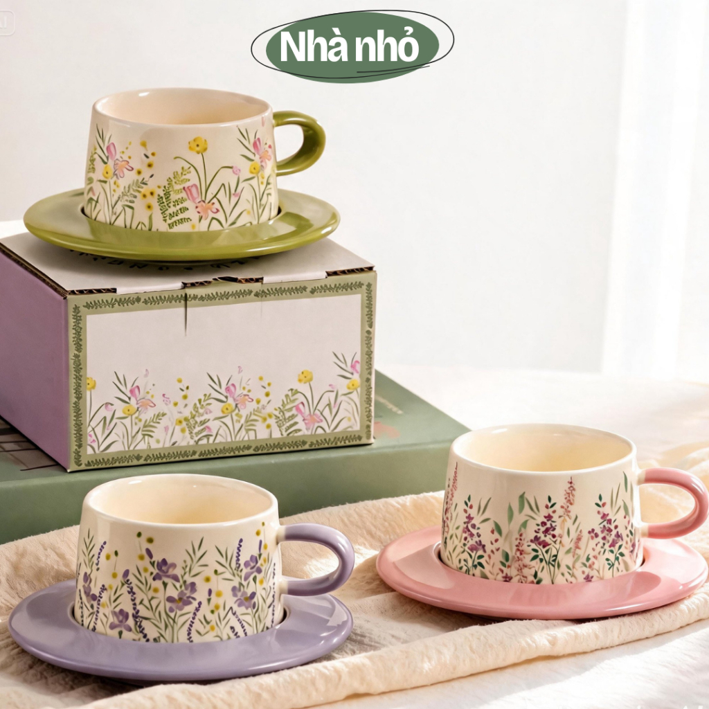 [Kèm hộp giấy] Tách trà chiều, bộ cốc đĩa trà Hoa Lá màu Pastel
