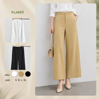 Quần Công Sở Nữ Ống Rộng LAMER FASHION Cạp Cao Dáng Suông Chun Sườn O64W25Q006