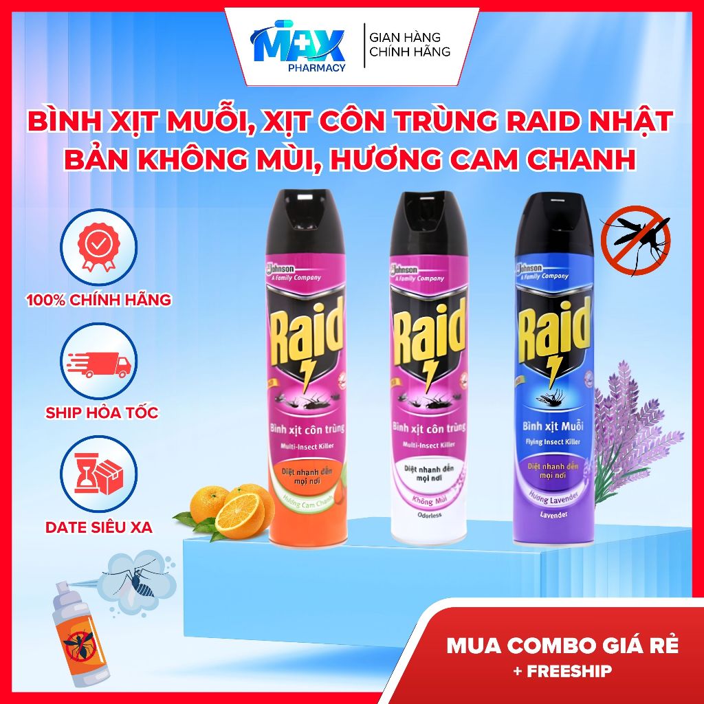 Bình xịt muỗi, xịt côn trùng RAID Nhật Bản Không mùi, Hương cam chanh - Bình Xịt Dán , đuổi muỗi
