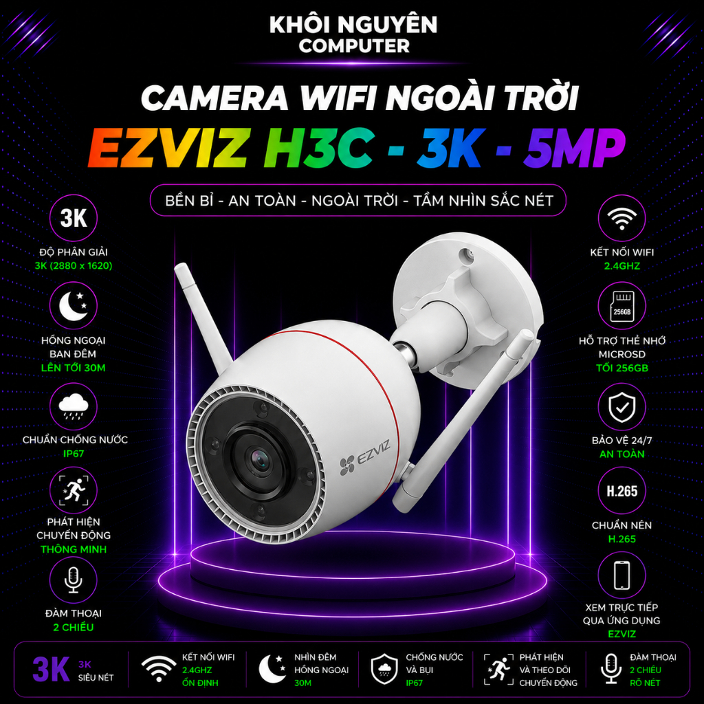 Camera Wifi Ngoài Trời EZVIZ H3C 5MP 3K Color Cố Định - Camera An Ninh Quan Sát Màu Ban Đêm IP67