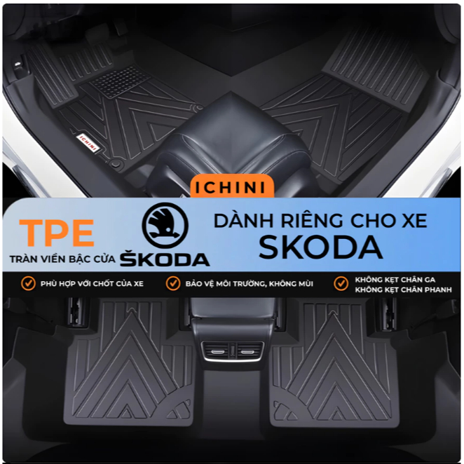 Thảm lót sàn Skoda Kushaq, Slavia tràn viền bậc cửa TPE, bao trọn thành xe ICHINI