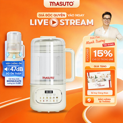 Máy Làm Sữa Hạt Thủy Tinh Chống Ồn Masuto 1,2L Xay Hạt Nhuyễn Mịn Chống Trào 12 Chế Độ Bảo Hành 12 Tháng