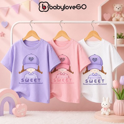 Áo thun cho bé gái BabyloveGO áo cho bé cộc tay chất cotton mềm mịn thoáng mát in hình