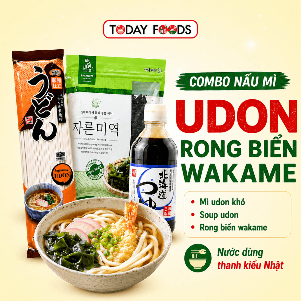 Combo nấu mì Udon rong biển Wakame | Mì udon khô, soup udon, rong biển wakame, nước dùng thanh kiểu 