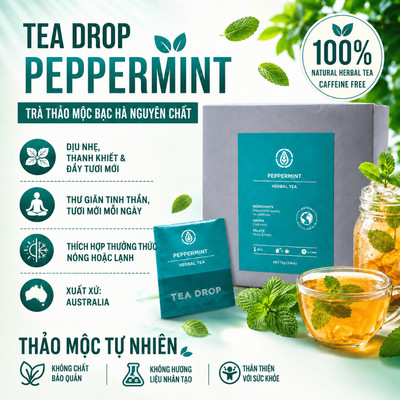 [Xuất xứ Úc] Trà thảo mộc bạc hà nguyên chất Tea Drop Peppermint (50 túi lọc)