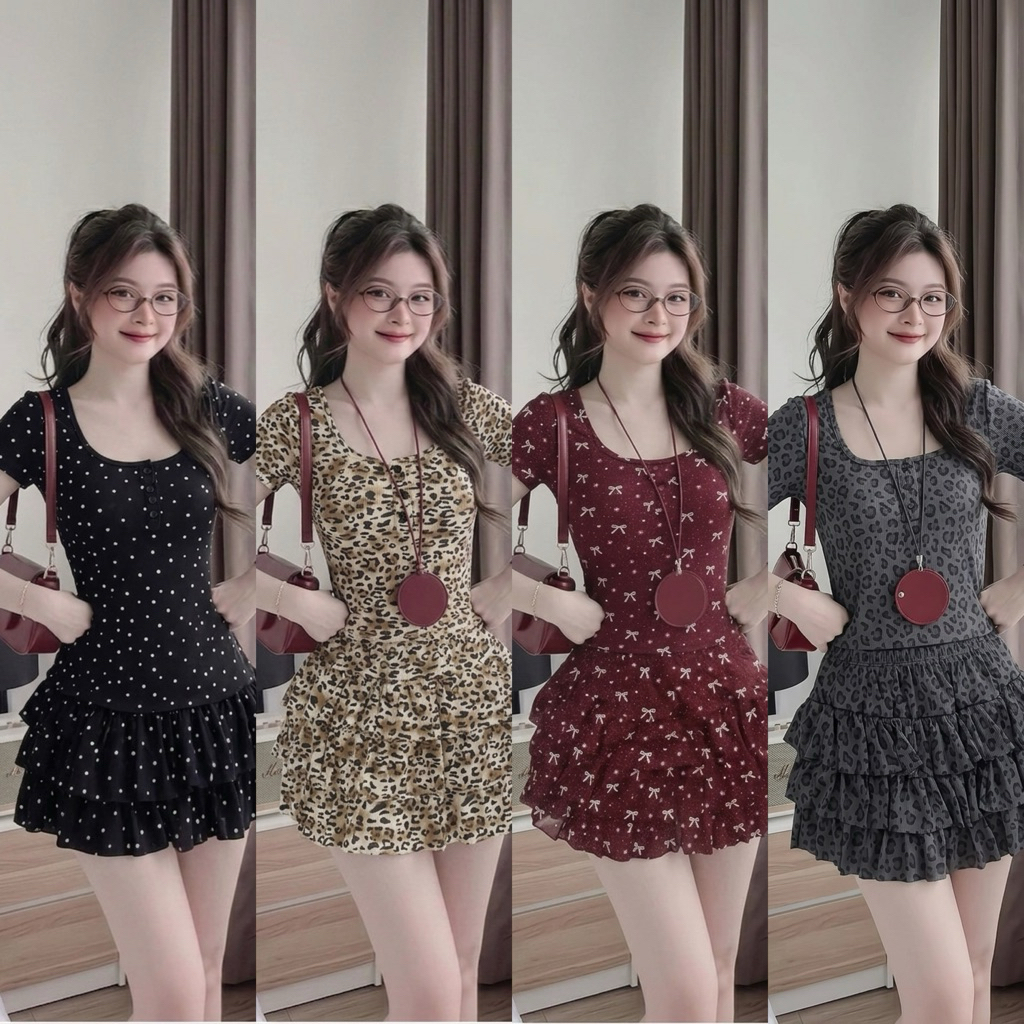 SET Hottrend ÁO CỔ VUÔNG mix VÁY TẦNG Thun Tăm in Hoạ Tiết Siêu Xinh. Bigsize 45-85kg. | BigBuy360 - bigbuy360.vn