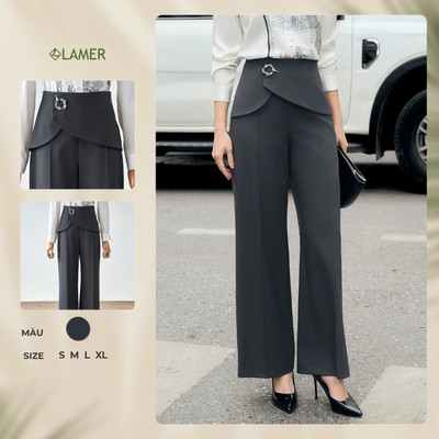 Quần Công Sở Nữ Ống Rộng LAMER FASHION Cạp Liền Phủ Ngoài Kèm Khuy Cài O64W26Q001