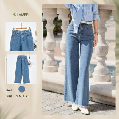 Quần Jean Nữ Công Sở LAMER FASHION Ống Rộng Tua Gấu Quần Bò Nữ Cạp Cao V64J25Q019