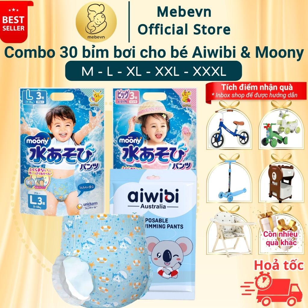 Combo 30 miếng bỉm bơi cho bé cao cấp Moony & Aiwibi, bỉm đi bơi cho bé không nặng tã khi bơi