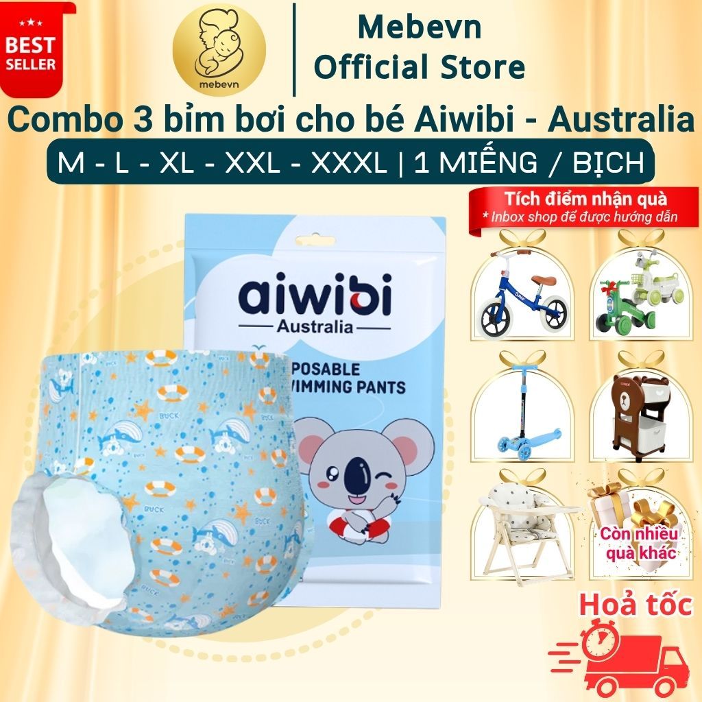 Combo 3 bỉm bơi cho bé Aiwibi của Australia, bỉm đi bơi cho bé cao cấp, không nặng tã khi bơi