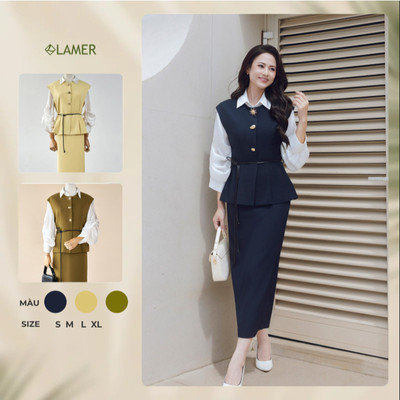 Áo Kiểu Nữ Gile LAMER FASHION Cổ Tròn Phối Dây Đai Eo Phối Cùng Chân Váy Suông Dài Xẻ Sau L66C25T003 L62M25T006