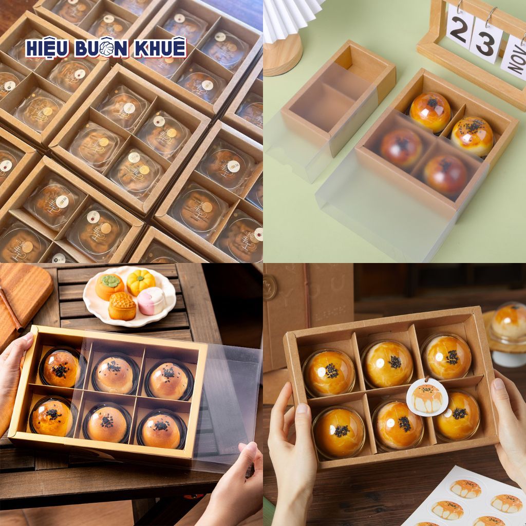 10-20 Hộp Giấy 4 Ngăn - 6 Ngăn Đựng Bánh Trung Thu, Lava Trứng Chảy 50-75g [Màu Nâu Nắp Nhựa Luồn]
