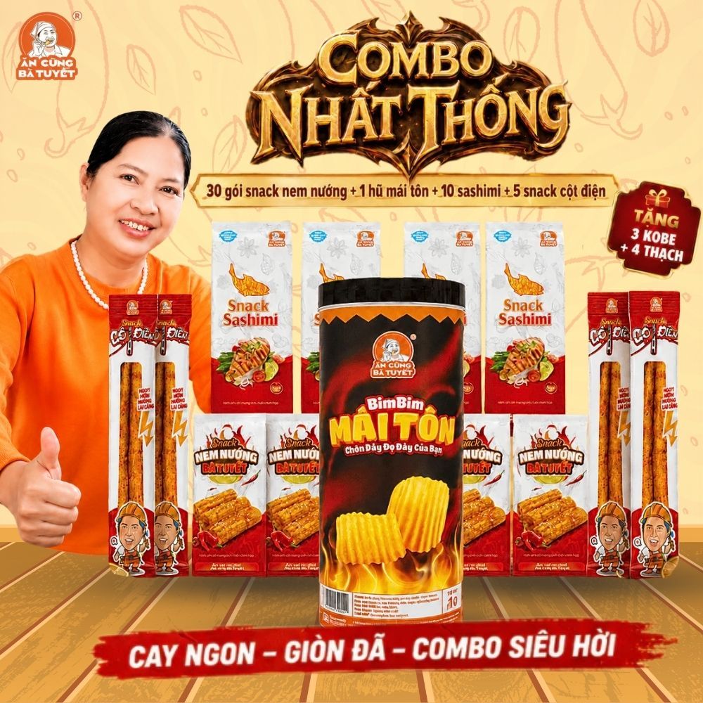 (Tặng 3 kobe + 4 thạch) Combo NHẤT THỐNG: 30 gói snack nem nướng + 1 hũ mái tôn + 10 sashimi + 5 sna