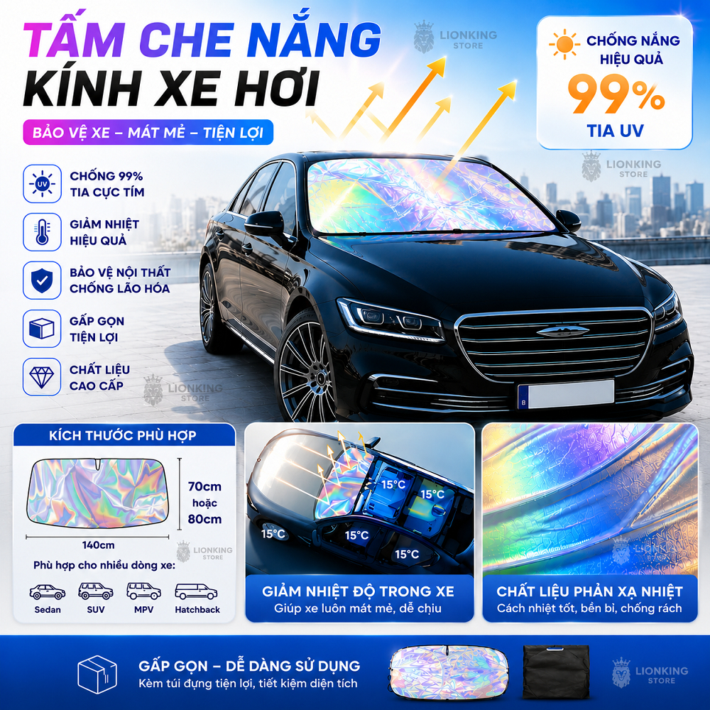 Tấm Che Nắng Kính Xe Hơi Chống UV 99% Gấp Gọn Phản Quang Cách Nhiệt Ô Tô Sedan SUV MPV - Lionking St